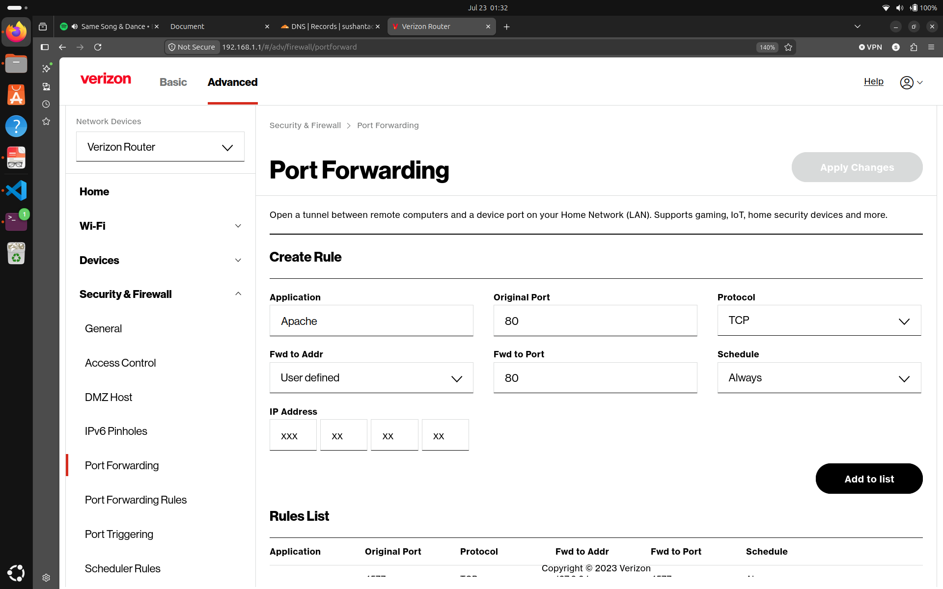 Port Forwarding config